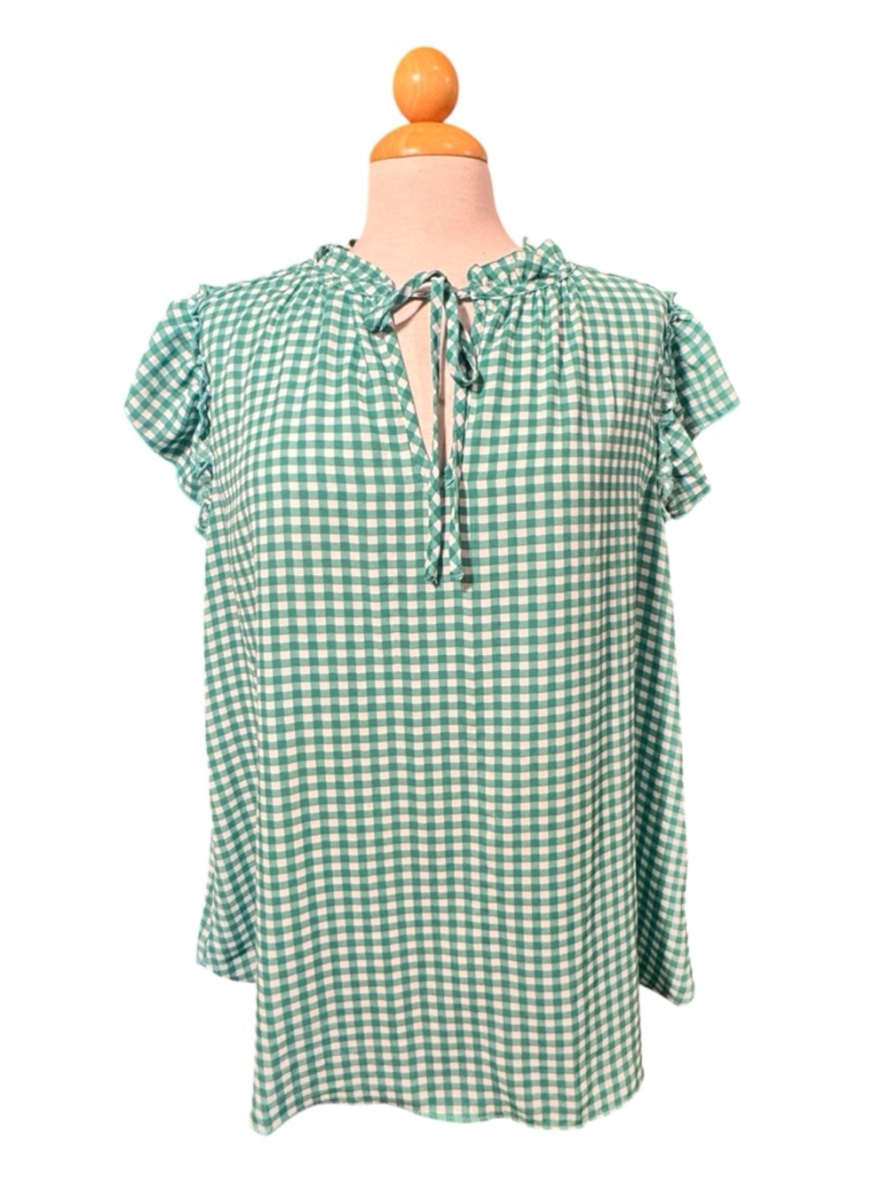 Green Gingham Tie-Front Ruffle Sleeve Blouse
